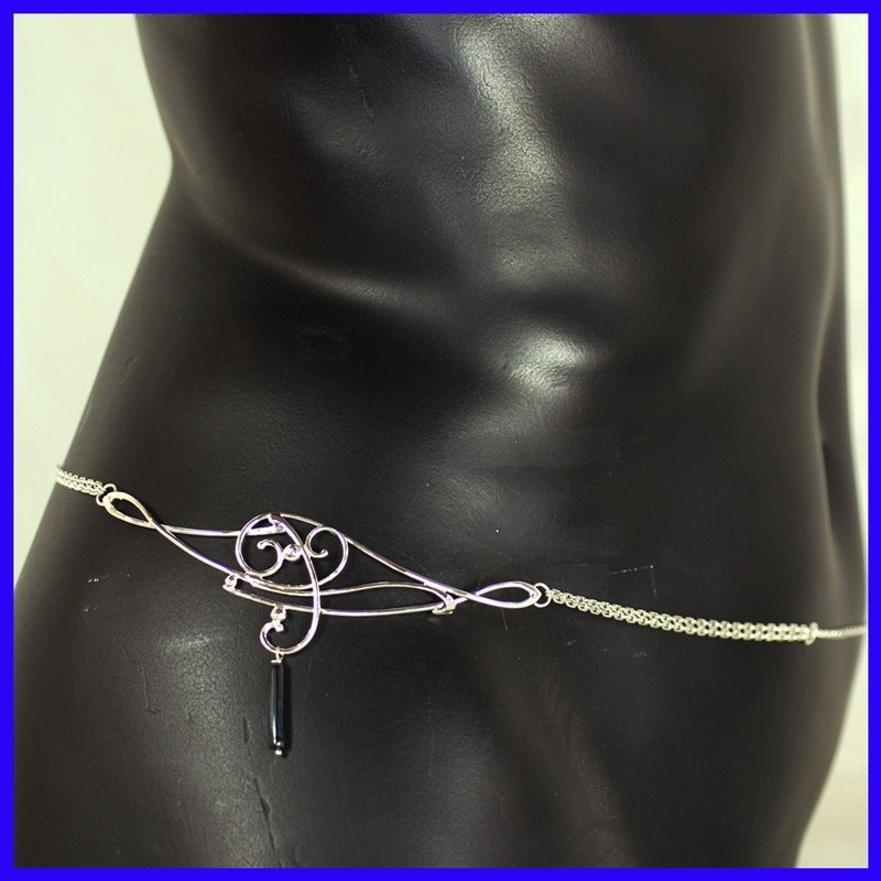 Solid silver belly chain with Onyx