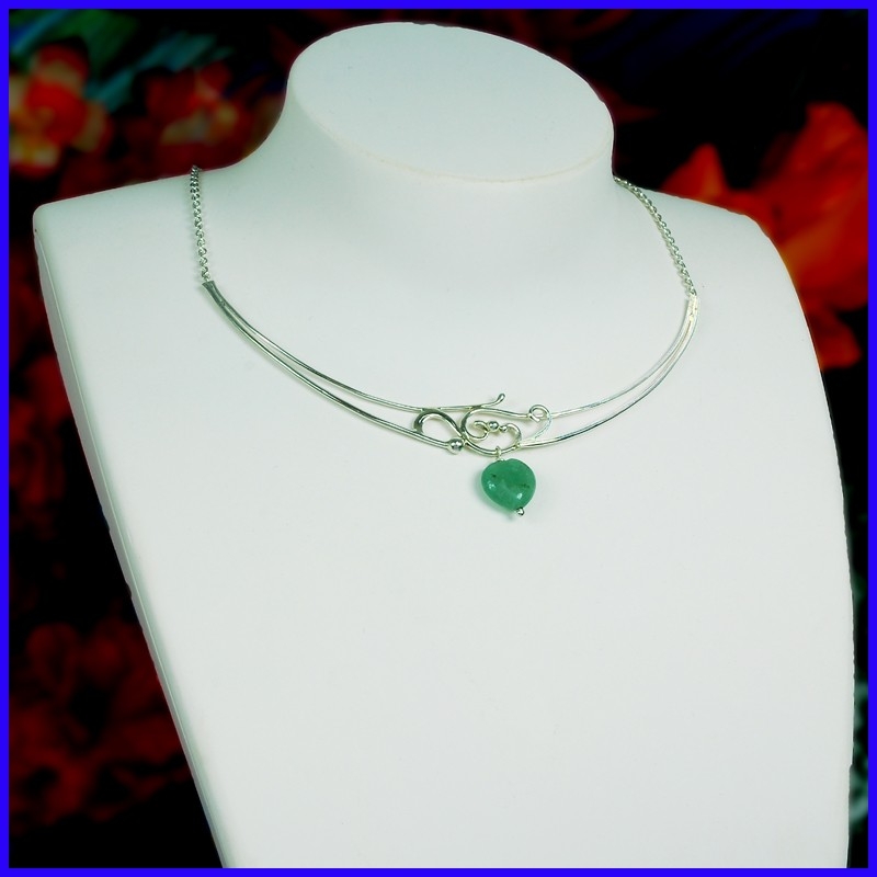 Necklace heart in pure silver with a jade. Handmade designer jewelry.