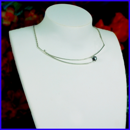 Contemporary necklace in pure silver with a hematite. Handmade designer jewelry.